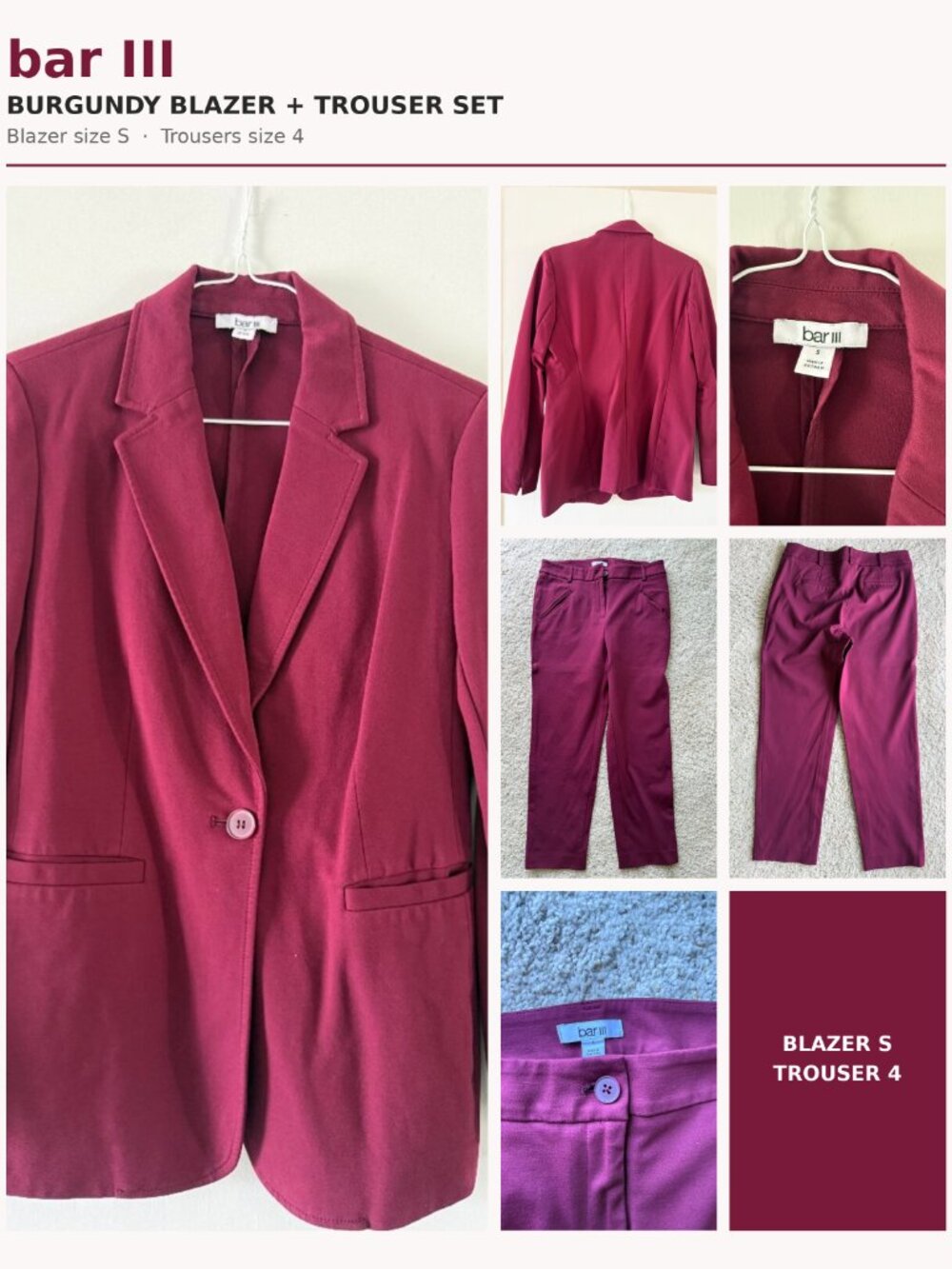 Bar III Women’s Burgundy Blazer & Pants Suit Set (Size S / 4) Like New